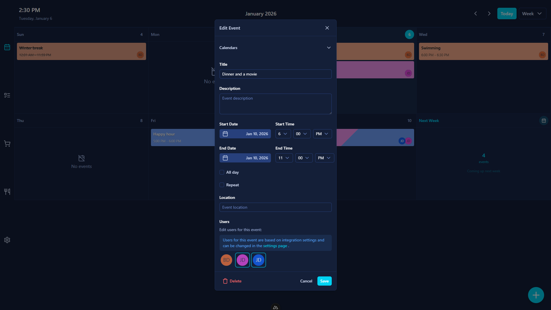 Calendar Event Dialog
